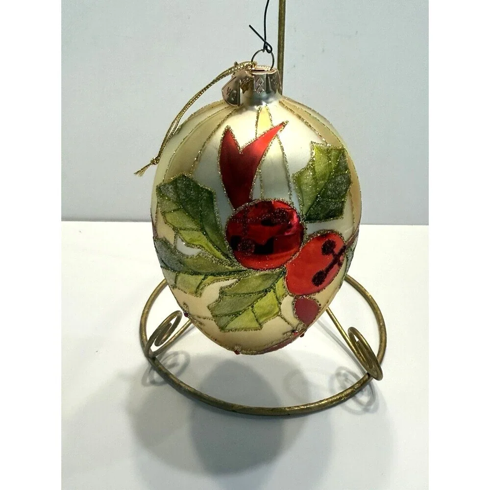 VTG W.C Gold Teardrop Christmas Ornament Hand Painted Berry Holly Glitter Glass